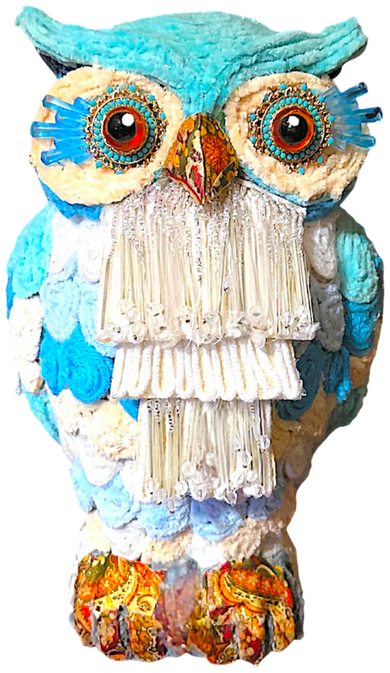 Athena, an owl in turquoise chenille with amber glass eyes and a beaded fringe