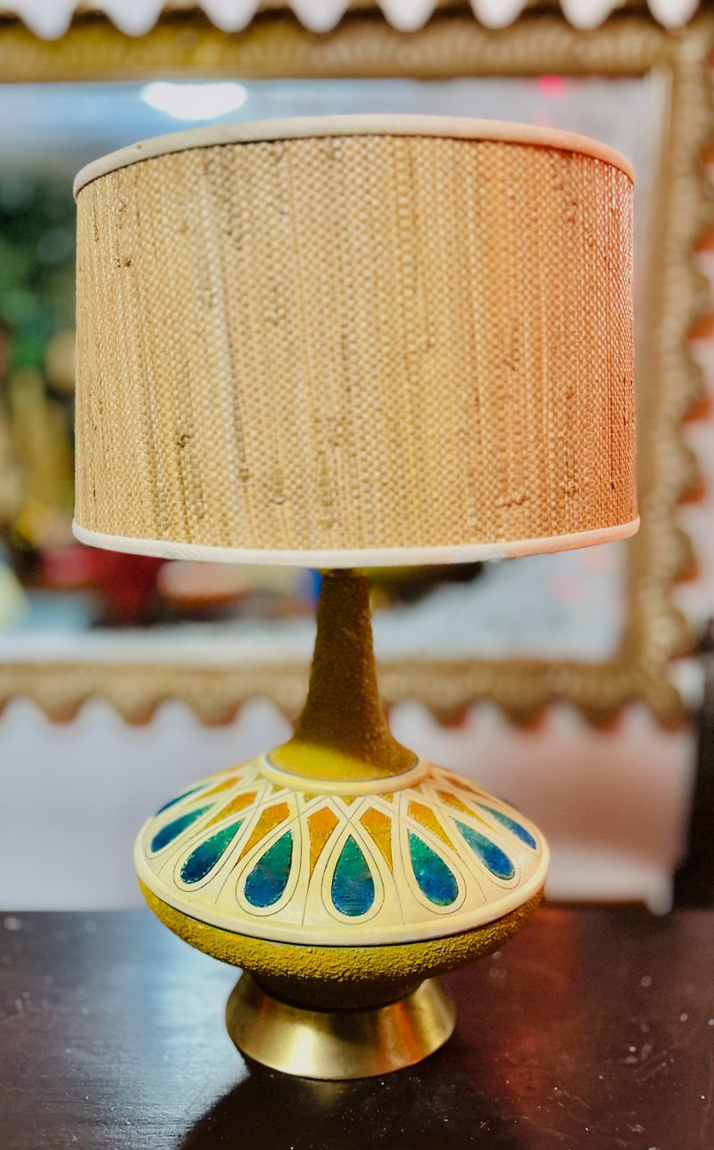 Mid-century table lamp Jason refinished and reshaded, with a teal teardrop-patterned ceramic base and a grasscloth drum shade