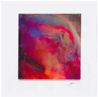 Break: a square spray-paint abstract in magenta, crimson and blue, shown in a shadowbox
