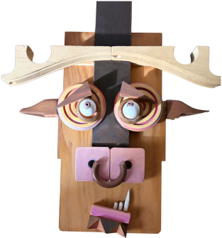 Guardian No. 2, The Minotaur: a horned wooden mask with movable brows and a carved nose ring