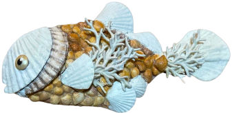 Little Reef: a fish sculpture encrusted in cockle and scallop shells with faux coral along the back