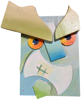 Warpaint: a warrior-coded painted wood face with angular brows and bared teeth in sage, blue and cream