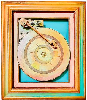 Spin: a repurposed turntable platter and tonearm mounted inside a gilded frame in iridescent gold, pink and teal